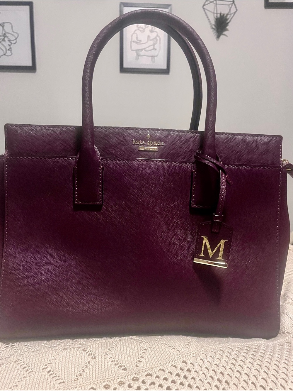 kate spade plum leather structured satchel with gold initial charm